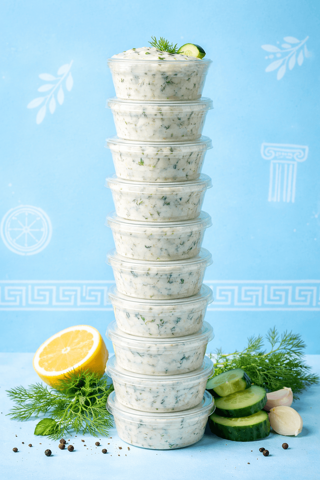 Tzatziki Tower - stacked tzatziki containers